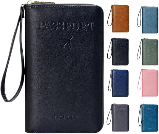 Multi-Functional RFID Passport Wallet,Travel Wallet for Men & Women,With zipper, anti-theft passport holder，Slim Leather Cover for Credit Cards, Tickets, Cash (Black)