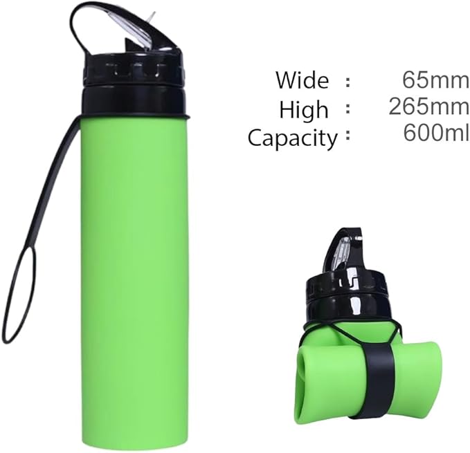 ZZT Collapsible Water Bottles 20oz, BPA Free,Sports Water Bottle,Foldable Travel Water Bottle with Straw Strap for Gym,Cycling, Hiking, Outdoors (Green)