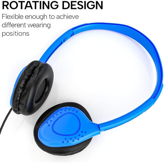 Maeline Kids Headphones for School Classroom K-12, Library, Museum, Travel, On Ear Stereo Headset with Adjustable Band & Faux Leather Cushions - 3.5mm Plug - 100 Pack - Multicolors