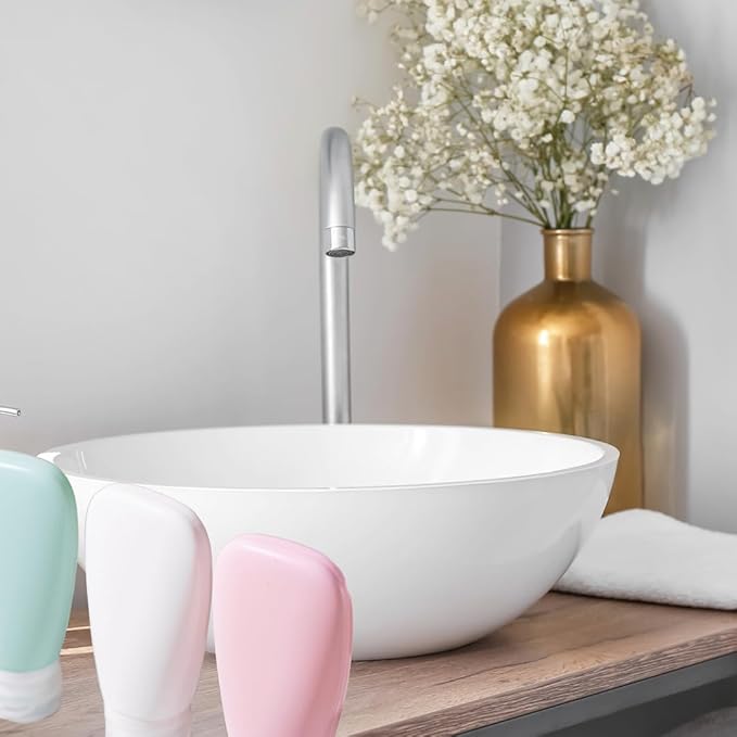 Travel Bottles for Toiletries, TSA Approved 3oz (90ml) Leak Proof Silicone Refillable Squeeze Travel Size Containers BPA Free Air Travel for Shampoo, Lotions, 3-pk (Pink-White-Teal)