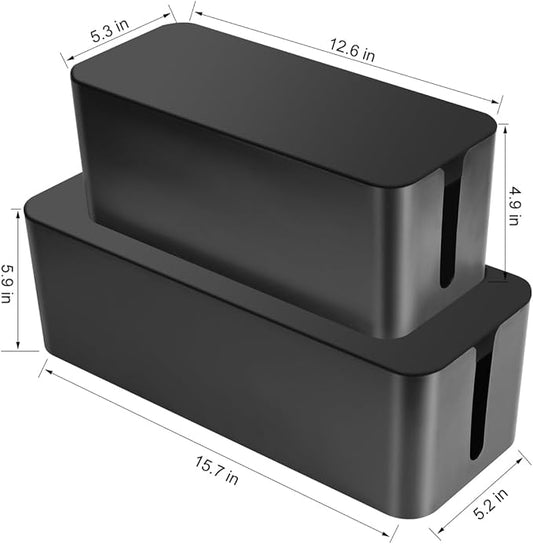 Cable Management Box, 2 Pack Large & Medium Cable Organizer Box with 17 PCS Cable Management Set, Cord Organizer Box to Hide Surge Protector on Desk or Floor (Black)