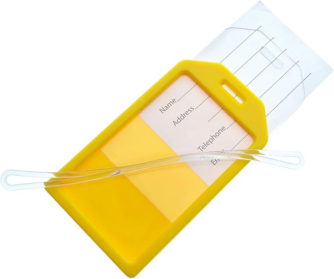5 Pack - Premium Rigid Airline Luggage Tag Holders with 6" Worm Loops - Heavy Duty Hard Plastic -Suitcase ID Tag Identifiers with Business Card Insert Window by Specialist ID (Yellow)