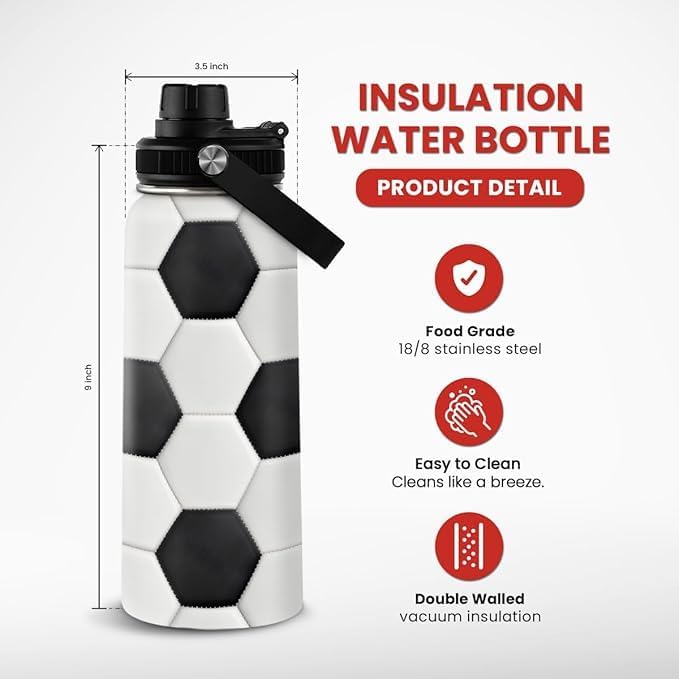 Soccer Water Bottle with Lid - 32oz Insulated Stainless Steel Sport Bottles - Gift for Men Soccer Player Fan Coach