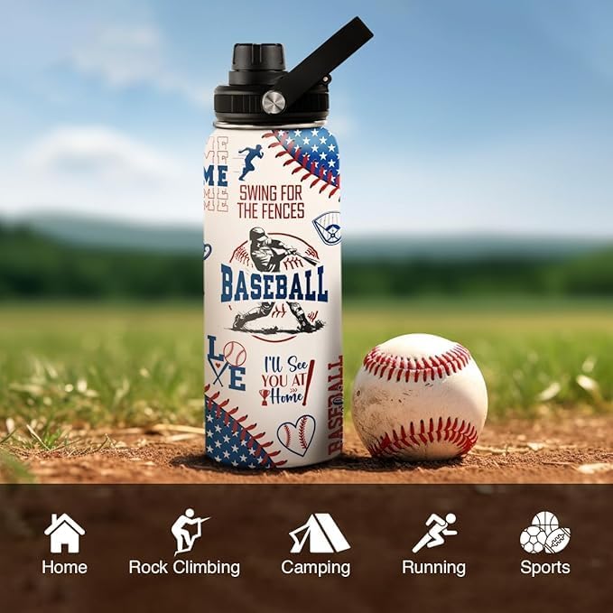 Baseball Water Bottle - 32oz Stainless Steel Insulated Sport Bottles with Lid - Gift for Men Baseball Lover Player Fan Coach