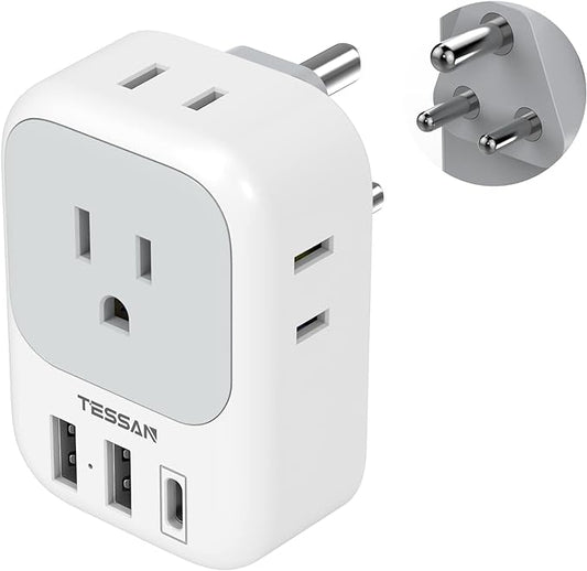 TESSAN US to India Plug Adapter, India Power Adapter with 4 American Outlets 3 USB Charger (1 USB C Port), Type D Travel Adaptor for USA to Bangladesh Maldives Nepal Pakistan