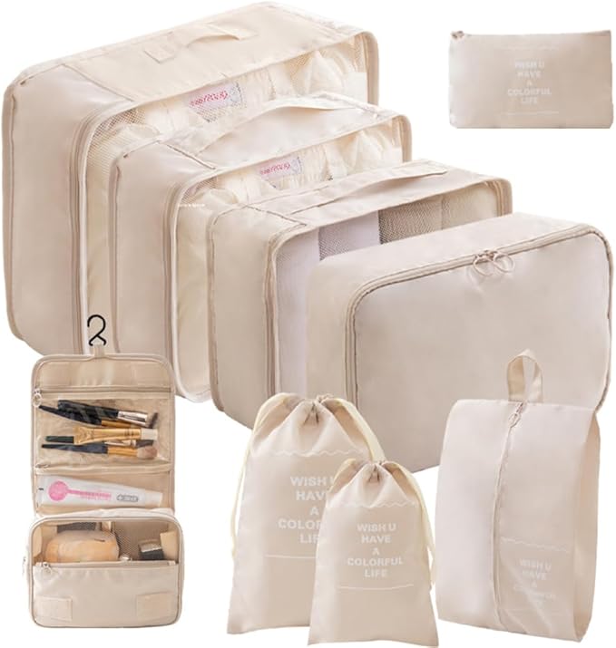 Packing Cubes Storage Bags 9 Pieces-Luggage Organizers Classify Store Clothing Efficiently for Travel Outdoor Home (Beige, 9 Pieces)