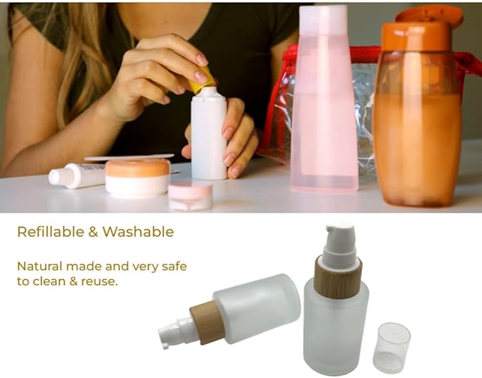 Empty Cosmetic Glass Lotion Bottles 1 oz/30ml 4 PACK with Pump Refillable Dispenser for Emulsion,Moisturizer Cream Liquids,Essential Oil Skin Care Travel Containers(Frost Clear)