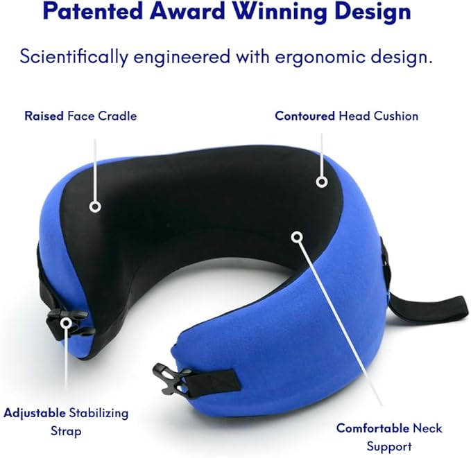 C CUSHION LAB Travel Pillow, Award-Winning Patented Ergonomic Design for Chin & Neck Support Memory Foam Neck Pillow, Compact Airplane Pillow for Traveling, Flight, Car (Cobalt Blue, Medium)