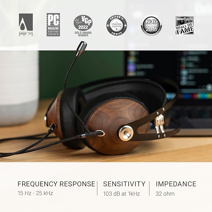 MEZE AUDIO | 99 Classics Walnut Silver & Boom Mic Headset | Wired Over-Ear Headphones with Boom Microphone and Self Adjustable Headband | Closed-Back Headset for Gaming | Remote Work | Audiophiles