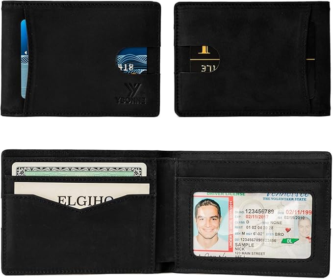 YBONNE Functional Compact RFID Blocking Bifold Wallet for Men, Made of Finest Genuine Leather