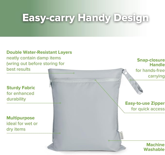 haakaa Waterproof Wet Bags for Baby, Wet Dry Bags for Diaper Bag, Travel, Swimsuit, Beach, Pool, Pump Parts, Stroller, Daycare,Yoga, Grey, 1pc