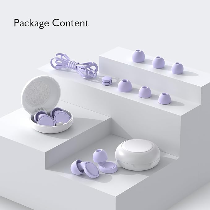 2 Pairs Ear Plugs for Sleeping, Soft Full Silicone Ear Plugs for Noise Reduction 25dB, Reusable Hearing Protection Earplugs for Concert, Focus, Noise Sensitivity, 8 Ear Tips in S/M/L - Purple