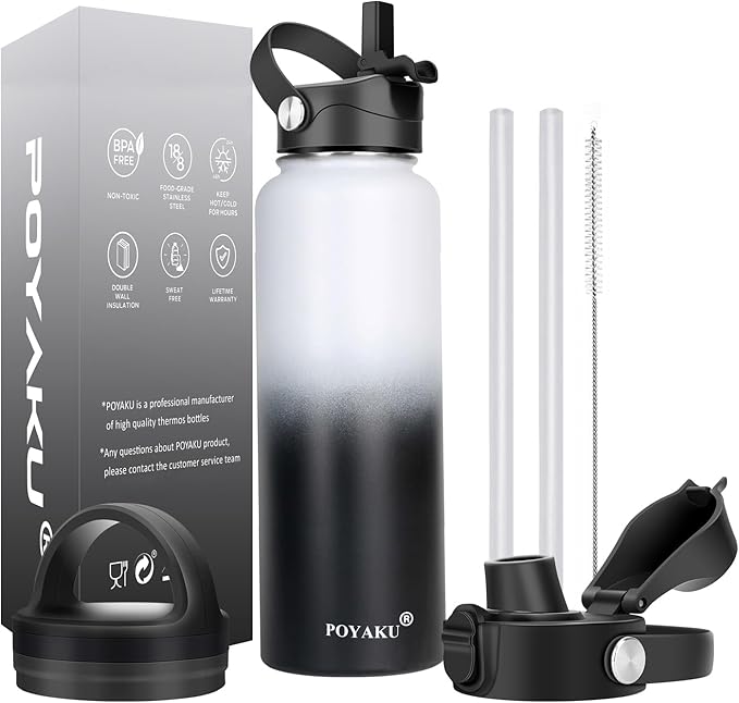 Water Bottle Insulated 32oz 40oz 64oz 128oz Straw Lid Spout Lid & 3 Lids, Leak Proof, Vacuum Insulated,Stainless Steel Water Bottle Wide Mouth for Sports, Gym or Office