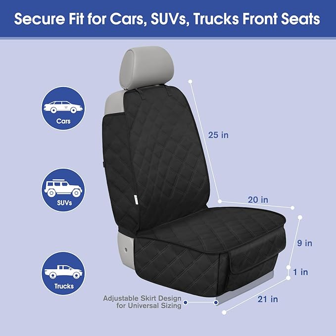 Front Seat Cover with Side Flaps - Waterproof, Durable Captain Seat Protector for Dogs & Humans, Protects from Dirt, Fur, Scratches, Fits Cars, SUVs, Trucks, Minivans(1-Pack)