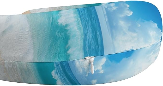 Memory Foam U-Shaped Travel Pillow Neck Pain Relief, Ocean Beach Blue U-Shape, Removable Cover Airplane Car Office