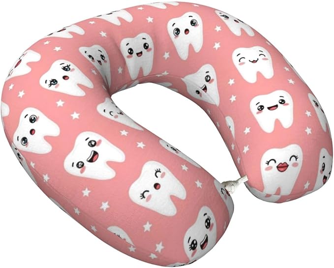 Travel Neck Pillow for Pain Relief Sleeping, Cute Dental Teeth Pink, Comfortable Memory Foam Chin Head Cushion Support with Zip Cover, Fashion Car Flight Pillows