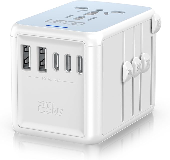 Universal Travel Adapter, 6.0A 5 USB Ports (3 USB C) & 2500W AC Outlet, International Power Plug Adapter Worldwide Travel Wall Charger Multi Plug for Europe UK US AUS (Type C/G/A/I, White)
