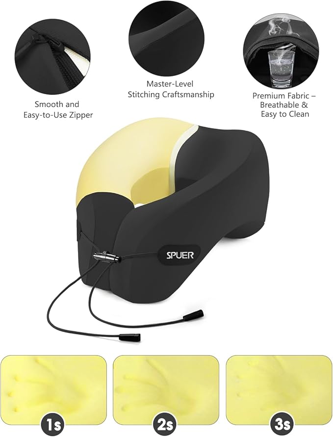 Ergonomic Memory Foam Travel Neck Pillow with Eye Mask & Earplugs – Comfortable Support for Flights, Cars, and Office Naps (Black)