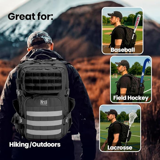 Xtreme 30L Tactical Backpack – Carry On Travel and Gym Daypack with 16 inch Laptop Sleeve, Stick Holder, Double Bottle Pockets, Recycled Fabric Shell, Rain Cover (Black)