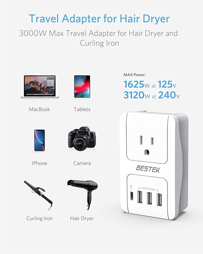 BESTEK Universal Travel Adapter Kit – European Travel Plug Adapter, with PD Fast Charging, 1 USA sockets, 3USB-A, 1x PD 30W USB-C, Power Adaptor for Hair Dryer Curling Iron, Plugs for EU, UK, AU