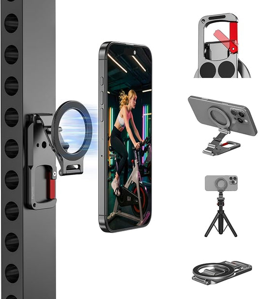 Magnetic Phone Mount for MagSafe, Maglock Tripod Adapter Magnet Golf Gym Workout Stand Metal Carabiner Dual Holder with 1/4 Screw Hole, for iPhone 16 15 14 13 12 Series Foldable Portable Accessories