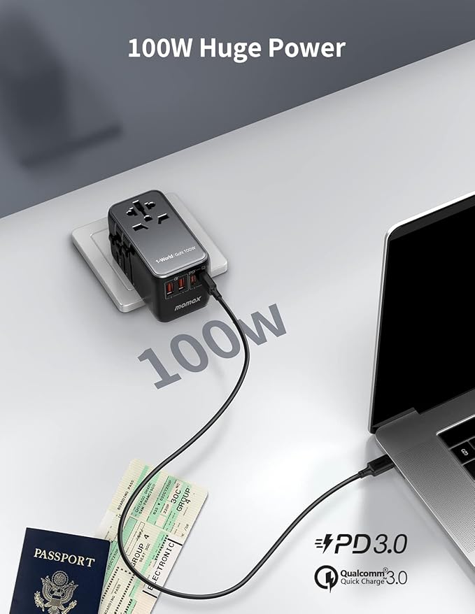 MOMAX Universal Travel Adapter, 100W Fast GaN International Power Adapter, 2PD USB-C+2QC USB-A Travel Adapter, US, UK, EU, AU Travel Adapter Worldwide for Laptops, Tablets, Phones, Vision Pro