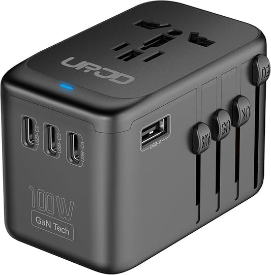 Universal Travel Adapter 100W GaN Fast Charger in One, 4 USB C 1 USB A Ports & 2500W AC Outlet, International Power Plug Adapter with EU UK US AUS Plugs for 200+ Countries