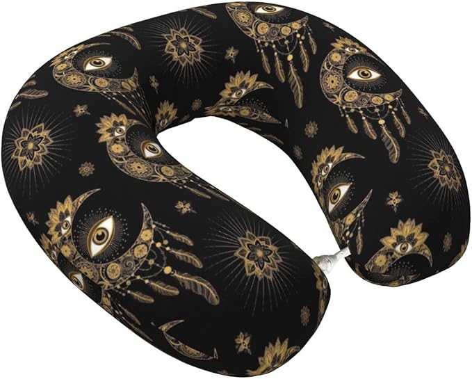 Neck Travel Pillow, Women Men Washable Airplane Car Pillows Mandala Boho Eyes Crescent Moon Sun Dream Catcher, Head Support Rest U Shaped Cushion Comfortable for Watching TV