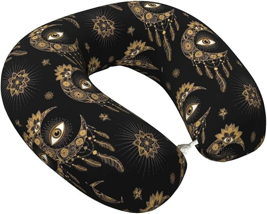 Neck Travel Pillow, Women Men Washable Airplane Car Pillows Mandala Boho Eyes Crescent Moon Sun Dream Catcher, Head Support Rest U Shaped Cushion Comfortable for Watching TV