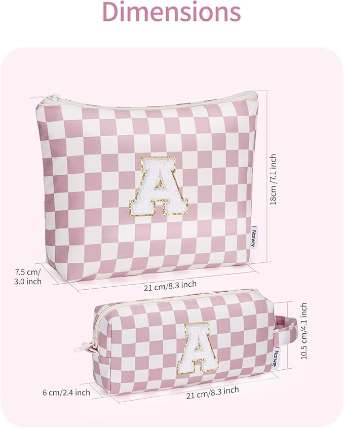 Narwey 2 Piece Personalized Initial Makeup Bag Checkered Cosmetic Bags, 6 8 10 11 12 13 14 16 18 Years Old Teen Girl Gifts Trendy Stuff Birthday Gifts for Women, Travel Toiletry Bag (Pink Letter A)