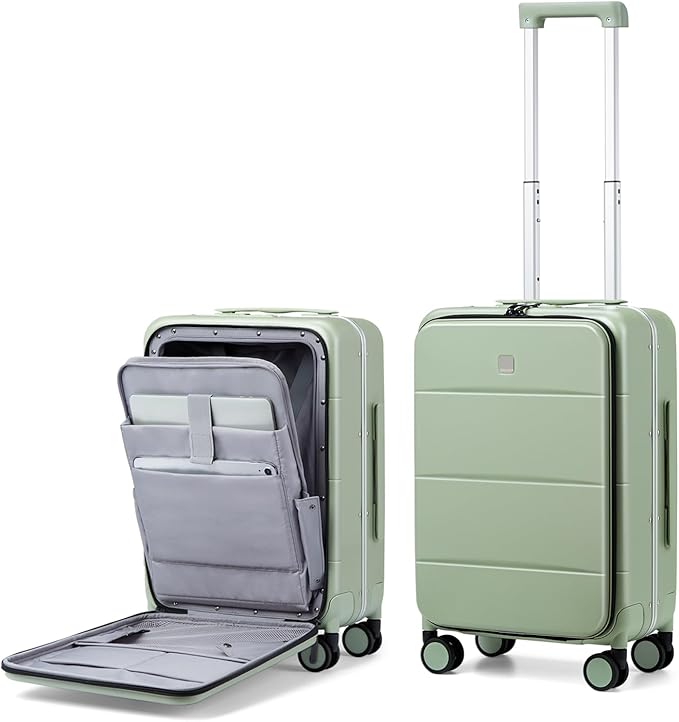 MILADA Carry On Luggage 22x14x9 Airline Approved Spinner Wheels TSA Luggage 20 Inch Hard Shell Suitcases Front Opening Pocket Rolling Aluminum Frame Travel Luggage, Bamboo Green