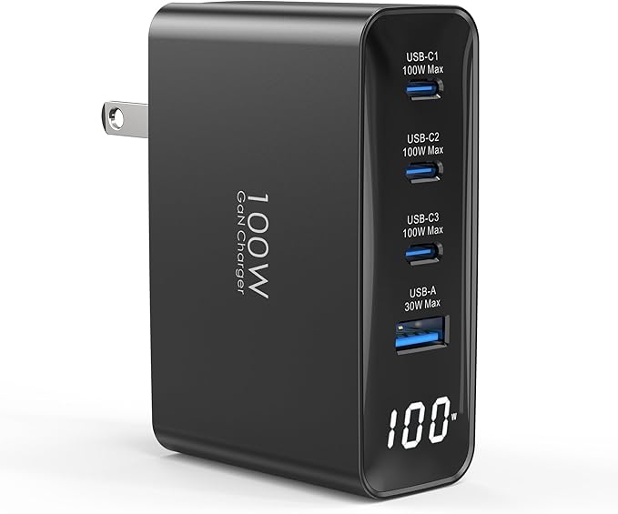 100W USB C Fast Charger, 4-Port PD Wall Charger with Led Display&Foldable Plug, Portable Laptop Charger for MacBook Air/Pro, ipad Air/Pro, for iPhone 16/16 Pro Max/15 Series, Galaxy S24/S23 Ultra