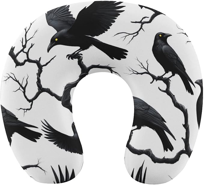 Kids Washable U-Shaped Travel Pillow Neck Support, Black Crow Raven Bird On Tree Branch Camo U-Shape, Airplane Car Nap Chin Cushion