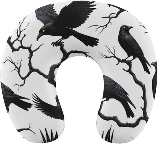 Kids Washable U-Shaped Travel Pillow Neck Support, Black Crow Raven Bird On Tree Branch Camo U-Shape, Airplane Car Nap Chin Cushion