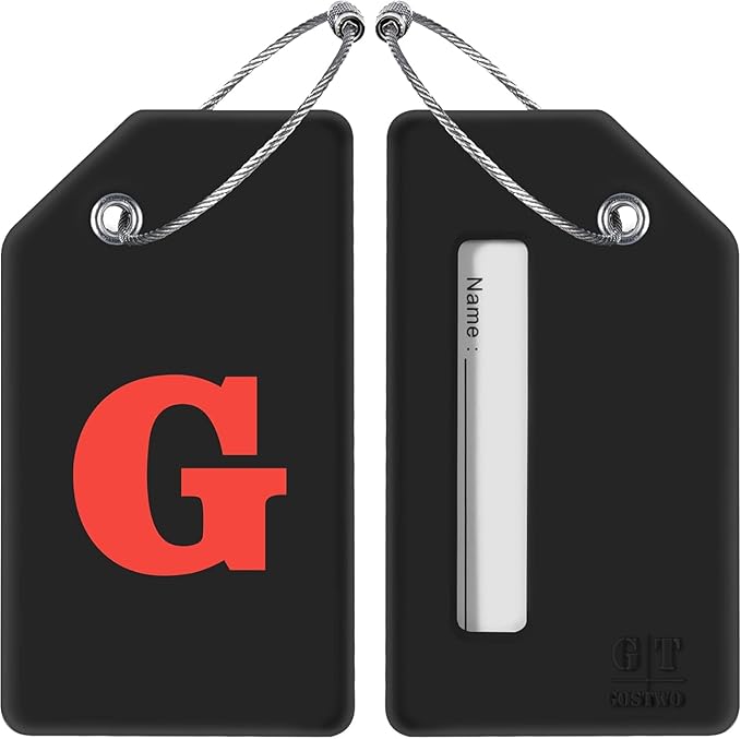 Gostwo 2 Pack Silicone Luggage Tags for Suitcases, 26 Initial Letter Baggage Labels Handbag School Bag Suitcase Instrument Tag with Stainless Steel Loop(Black)(Letter G)