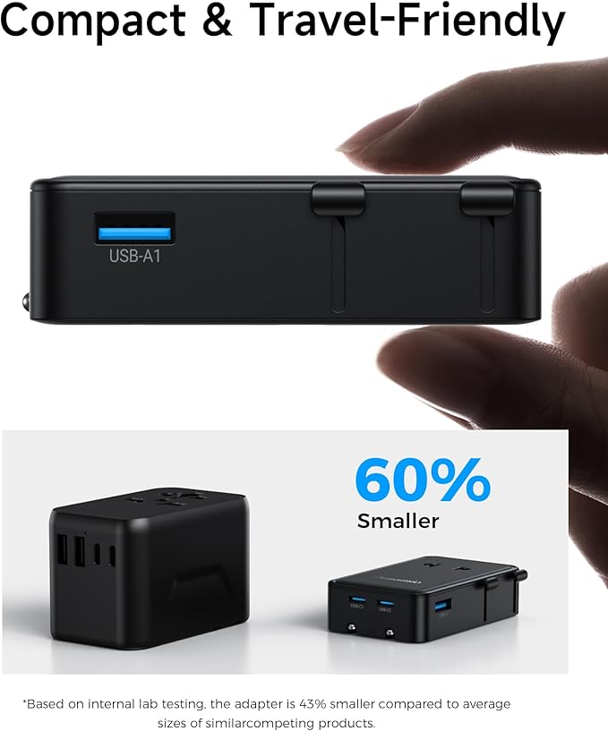 Mini Travel Adapter, 【2026 Ultra-Thin Design】 PD 25W 4-Port Power Adapter with 1 AC, 1 USB-A, and 2 USB-C Ports, Smart Temperature Control, Compatible for EU/UK/AU/AS, Ideal for Travel Essentials