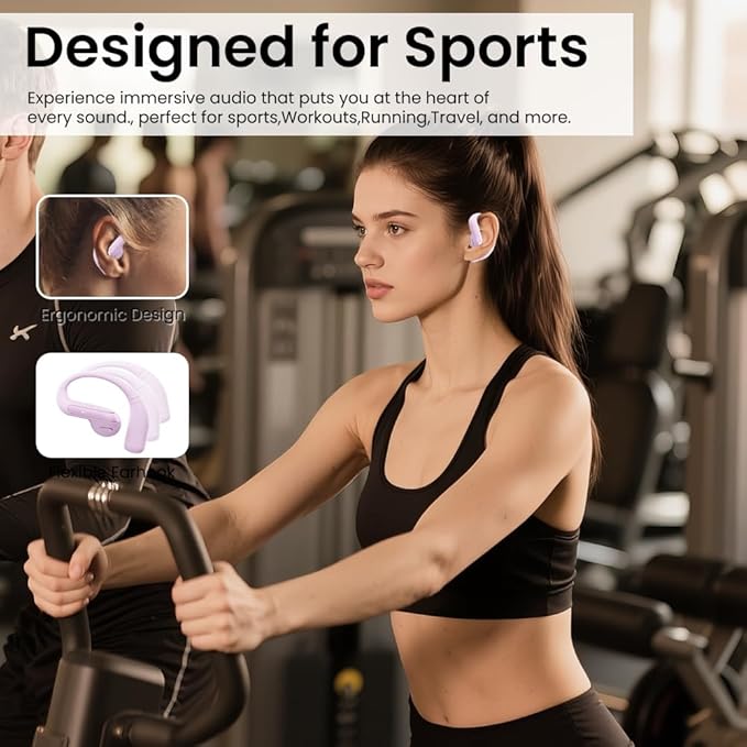 Open Ear Bluetooth 5.3 Earbuds, Wireless Headphones Sport Over Earphones Built-in Mic with Ear Hooks, 58H Playtime Ear Buds Fast Charging, IPX7 Waterproof for Running/Workout—Purple