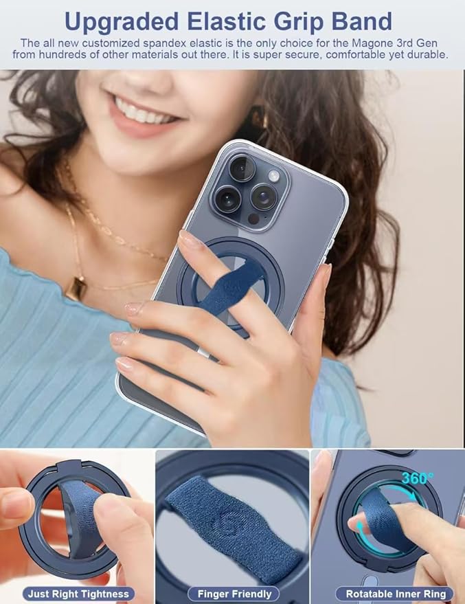 EWA MagOne 3rd Gen [Compatible with MagSafe] Phone Grip Stand with Finger Strap, Removable Magnetic Ring Holder Kickstand Loop for iPhone 16,15, 14, 13, 12 Series-(Blue)