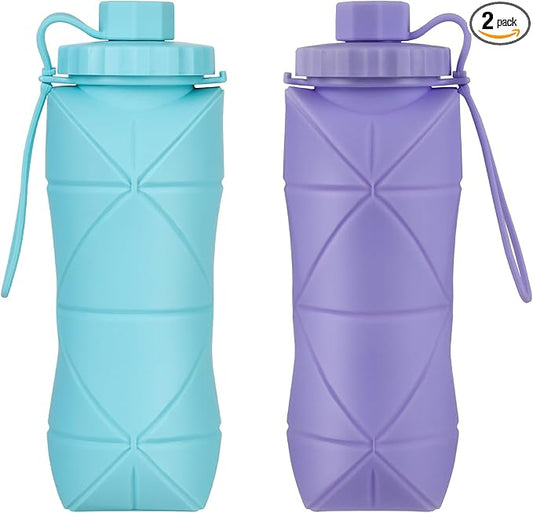 Silicone Collapsible Water Bottles,Lightweight Reusable Leakproof For Traveling Camping Hiking Cycling Sports Outdoor,Foldable Portable Travel Water Bottle 600ML Blue And Purple 2Pack.
