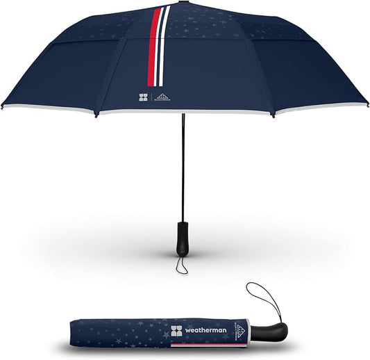 Weatherman - Folds of Honor - Premium Collapsible Travel Umbrella - Windproof, Compact, Easy Auto Open - Resists Up to 55 MPH Winds - Perfect for Celebrations (FOH Blue 2025)