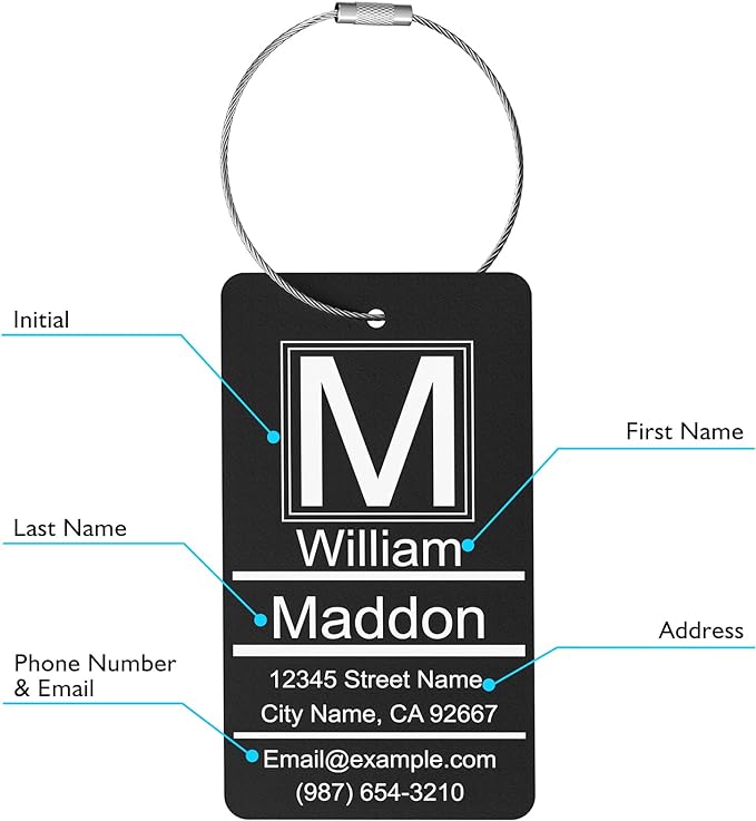 Luggage Tags for Suitcase - Personalized Engraved Metal Tag for Cruise Travel - Blue Custom Name Tags Suitable for Bags and Backpacks