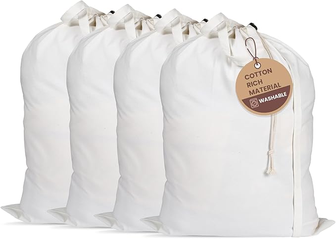 LFH Home Cotton Canvas Large Laundry Bag with Handle, Heavy Duty Drawstring Closure Washable Laundry Bags, School Travel, Home, Hotel, College Dorm, Organizer Sack, Toy Clothes 24x36 (Pack of 4)-White