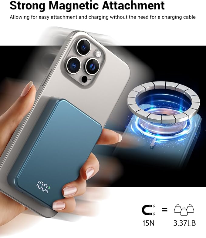 Magnetic Power Bank 26800mAh for Magsafe Portable Charger, Aluminum Alloy Large Capacity 20W USB-C in&Out Wireless Fast Charging for iPhone17Pro Max/16/15/14/13/12 Series, Blue