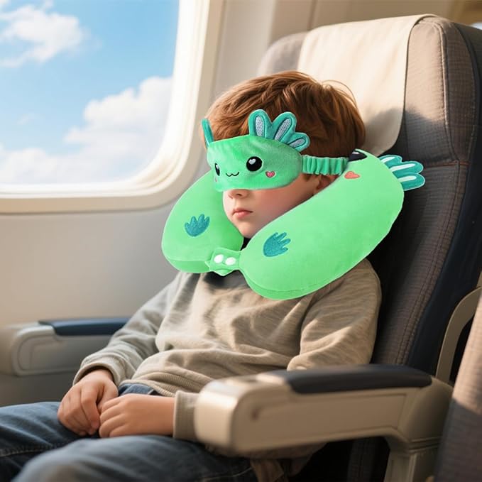 Travel Pillow, Kids Travel Pillow with Sleep Eye Mask Soft Memory Foam Kids Neck Pillow for Boys & Girls, Travel Accessories for Car Airplane Traveling - Green Axolotl