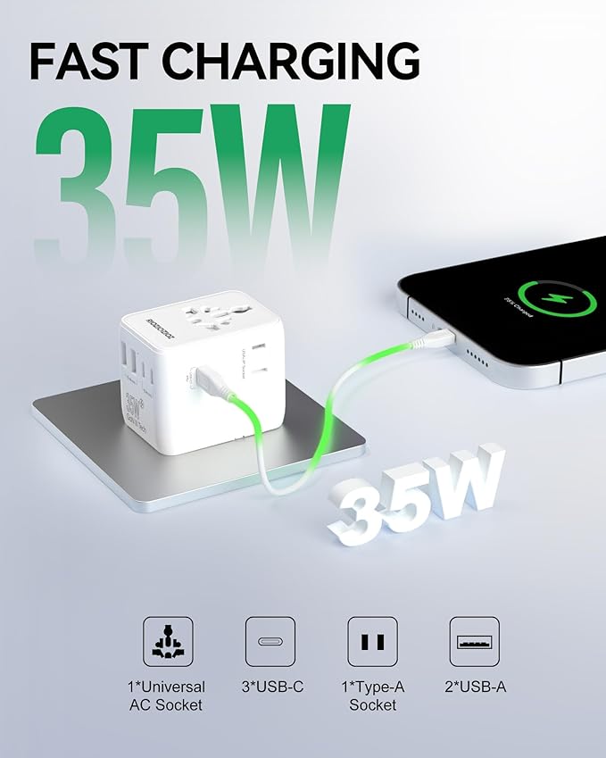 35W Universal Travel Plug Adapter,7-Port PD&QC Fast Charging Power Adapter,Worldwide Outlet Wall Charger for USA/EU/UK/AUS Over 200 Countries-Type C/A/G/I