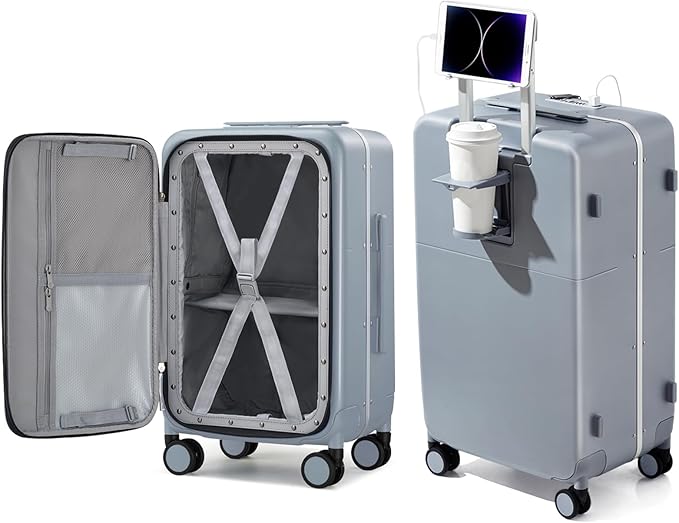 Hanke 24 Inch Luggage with Cup Holder and Charge,Top Opening Hard Shell Suitcases with Wheels and Dividers,Aluminum Frame Trunk Luggage Medium Checked Suitcase with Lock for Travel,Gray