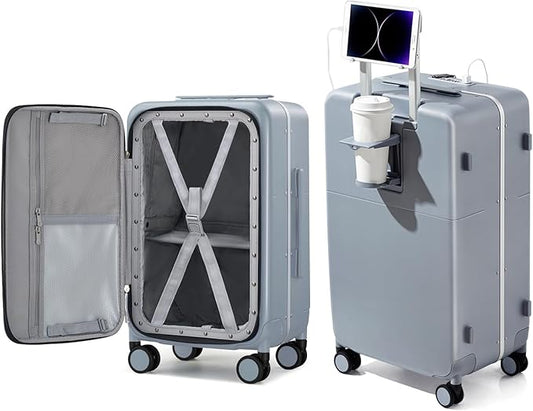 Hanke 24 Inch Luggage with Cup Holder and Charge,Top Opening Hard Shell Suitcases with Wheels and Dividers,Aluminum Frame Trunk Luggage Medium Checked Suitcase with Lock for Travel,Gray