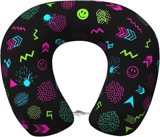 Breathable Neck Pillow for Sleeping Rest Nap 80s 90s Geometric, Airplanes/Car/Home Memory Foam Travel Cushion with Polyester Cover Washable for Women Men