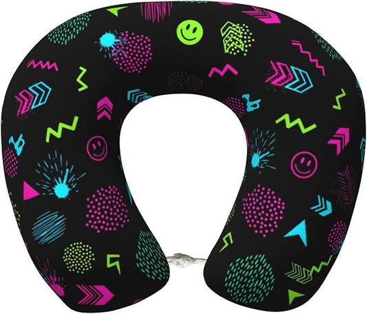 Breathable Neck Pillow for Sleeping Rest Nap 80s 90s Geometric, Airplanes/Car/Home Memory Foam Travel Cushion with Polyester Cover Washable for Women Men