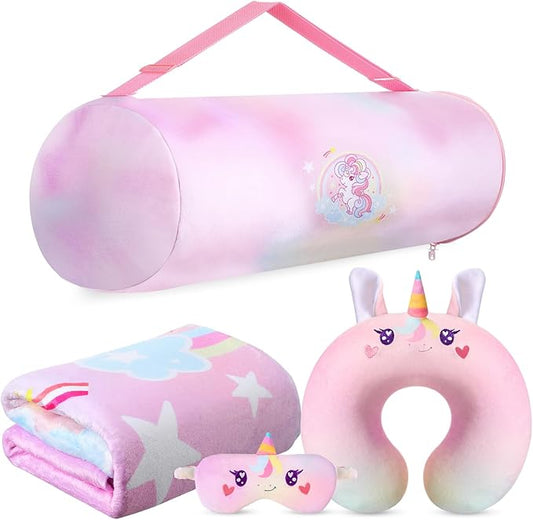 4 Pcs Unicorn Travel Pillow and Blanket Set for Kids Airplane Blanket Memory Foam Neck Pillow Eye Mask Pink Storage Bag Kids Travel Gifts for Girl Airplane Car Trip Sleeping Home Use